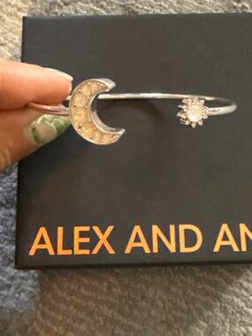 ALEX AND ANI FLAX CUFF MONDAY MOON AND SUN SILVER TONE